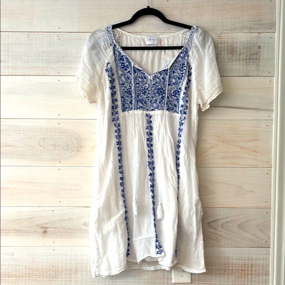 White and Blue Embroidered Mini Dress